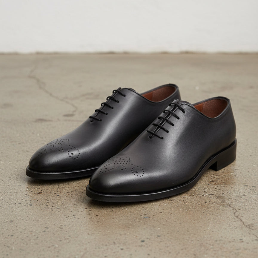 MENS SOLID GRAY WHOLE CUT OXFORD LEATHER DRESS SHOES, MEN OXFORDS SHOES - angle-view-showing-depth