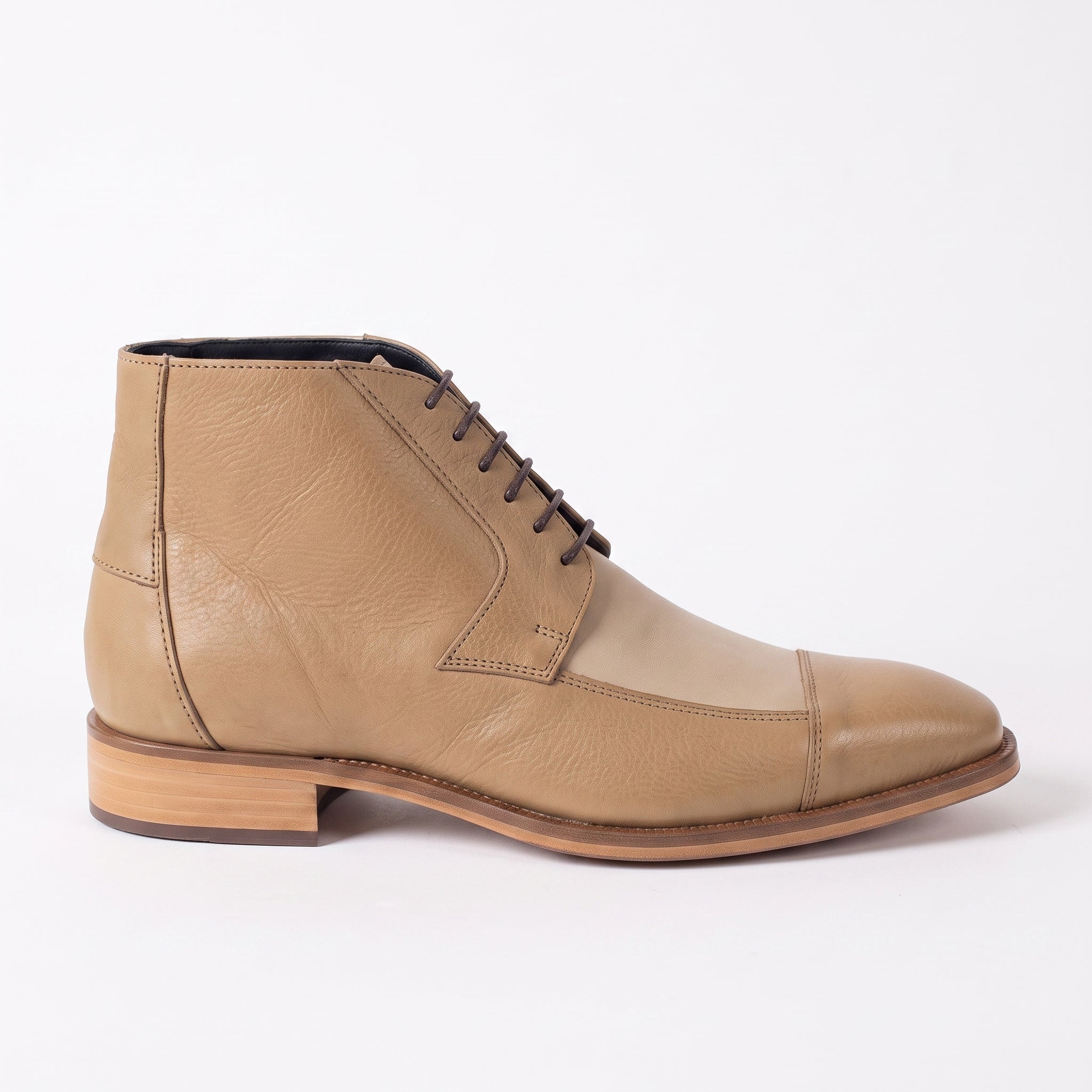 Men's Tan and Beige Cap-Toe Leather Derby Boots — Fulton
