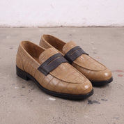 Men's Tan and Black Crocodile-Embossed Leather Penny Loafers — Burdon