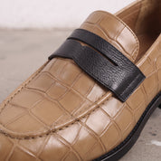 Men's Tan and Black Crocodile-Embossed Leather Penny Loafers — Burdon