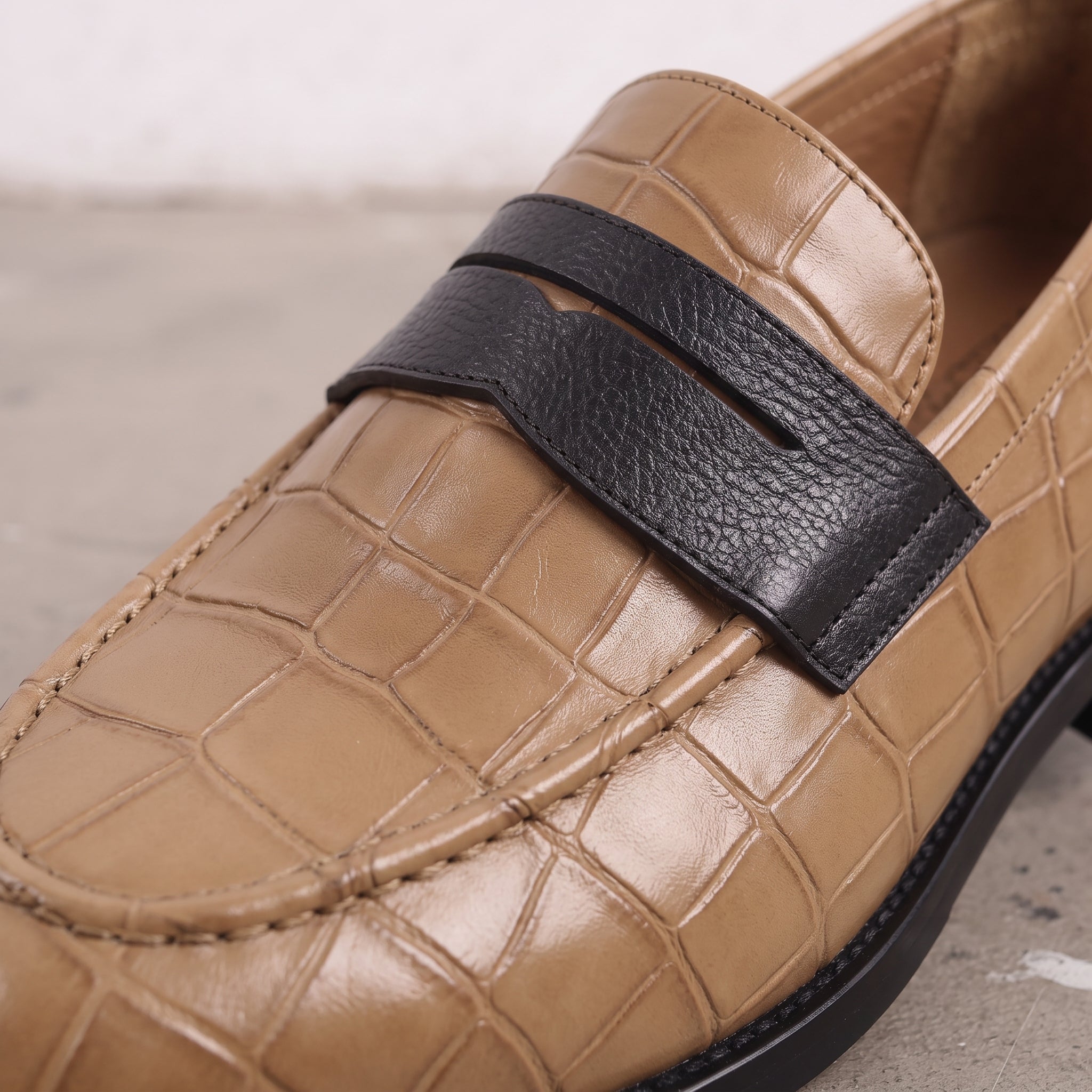 Men's Tan and Black Crocodile-Embossed Leather Penny Loafers — Burdon