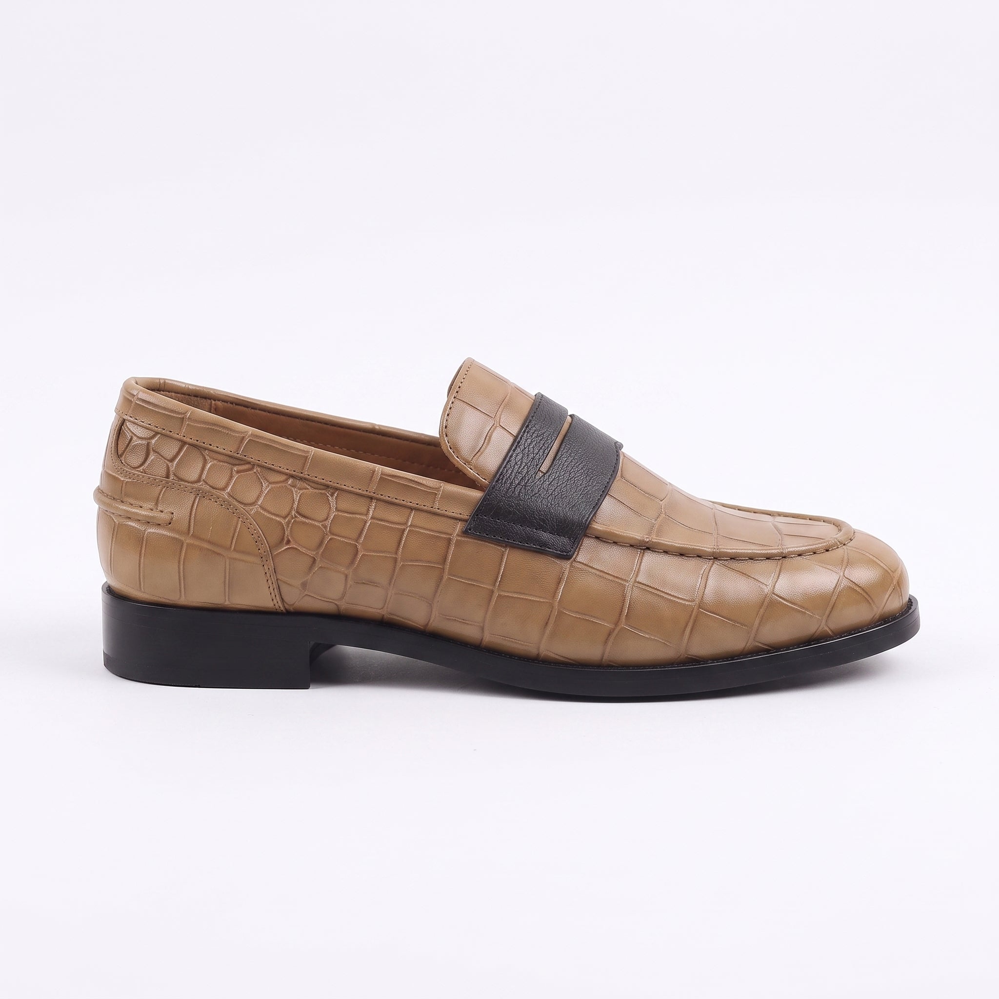 Men's Tan and Black Crocodile-Embossed Leather Penny Loafers — Burdon