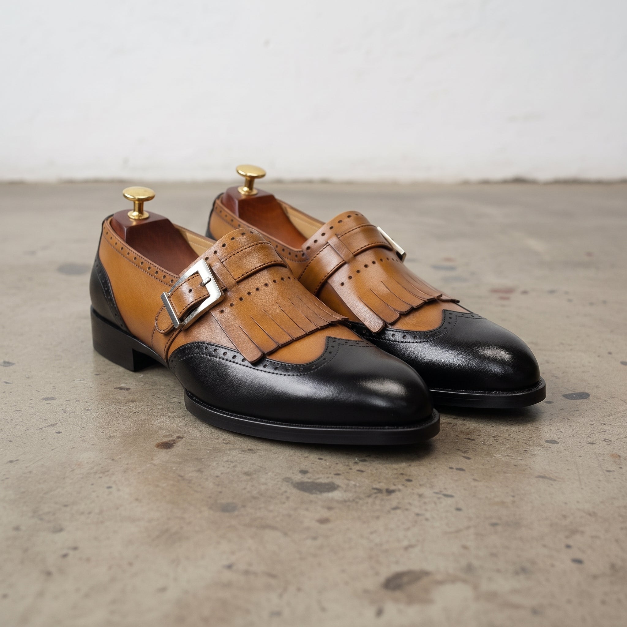 Men's Tan and Black Cap-Toe Leather Monk Strap Shoes — Slater
