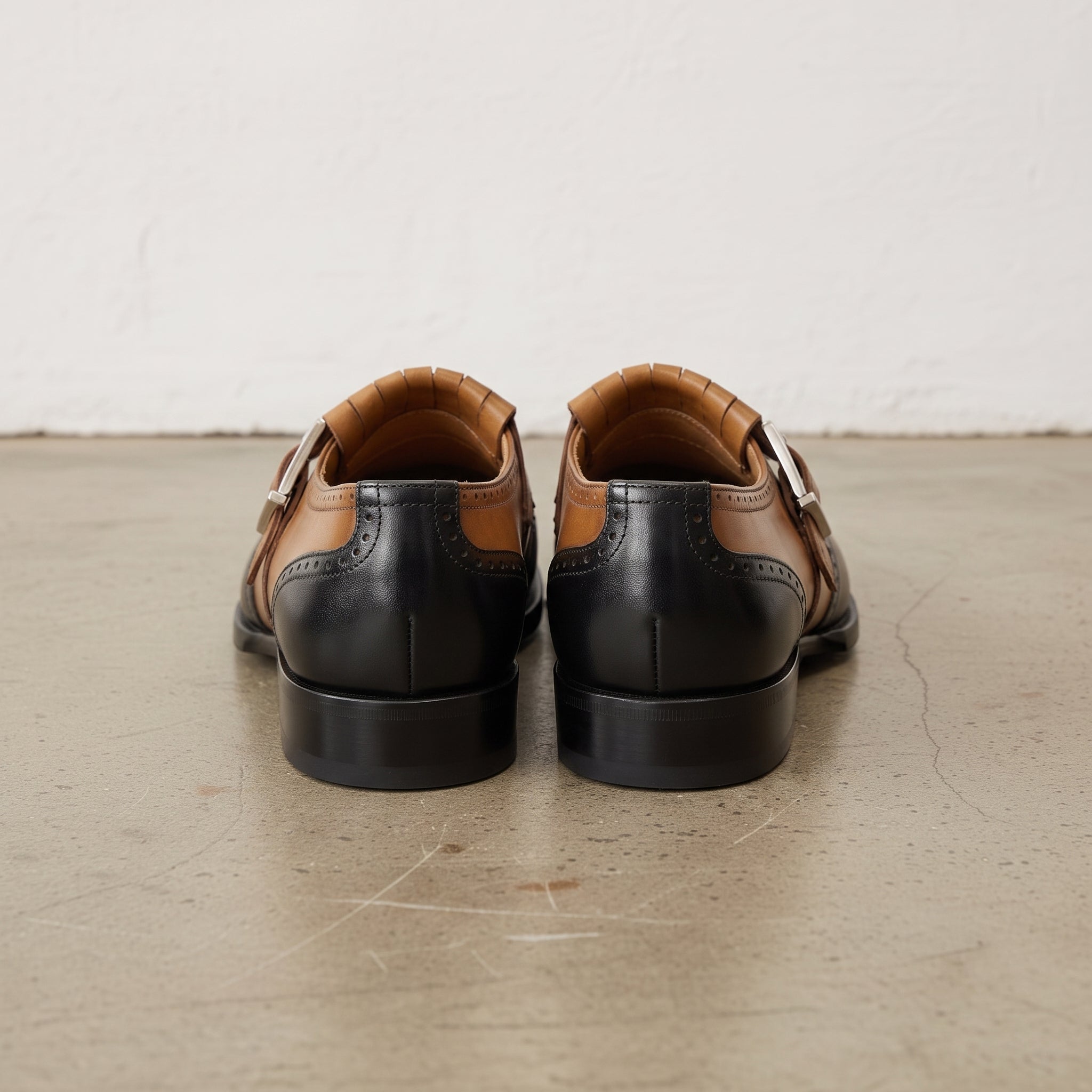 Men's Tan and Black Cap-Toe Leather Monk Strap Shoes — Slater