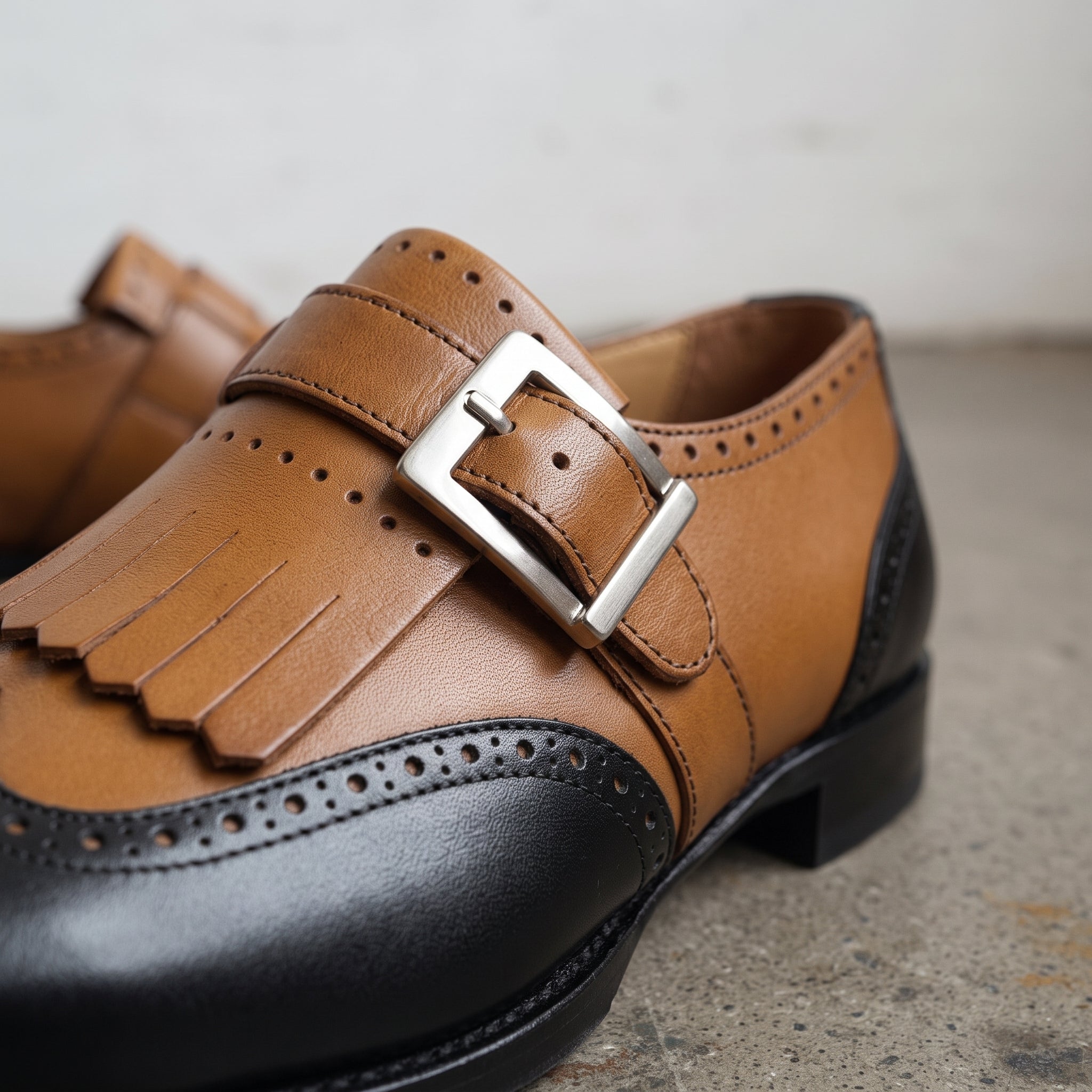 Men's Tan and Black Cap-Toe Leather Monk Strap Shoes — Slater