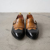 Men's Tan and Black Cap-Toe Leather Monk Strap Shoes — Slater