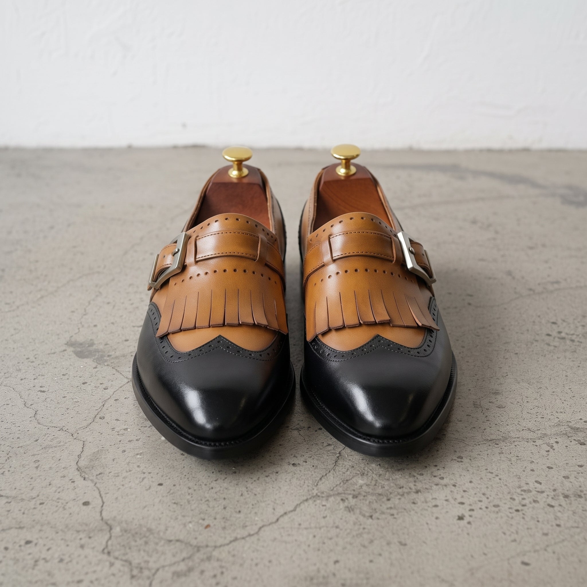 Men's Tan and Black Cap-Toe Leather Monk Strap Shoes — Slater