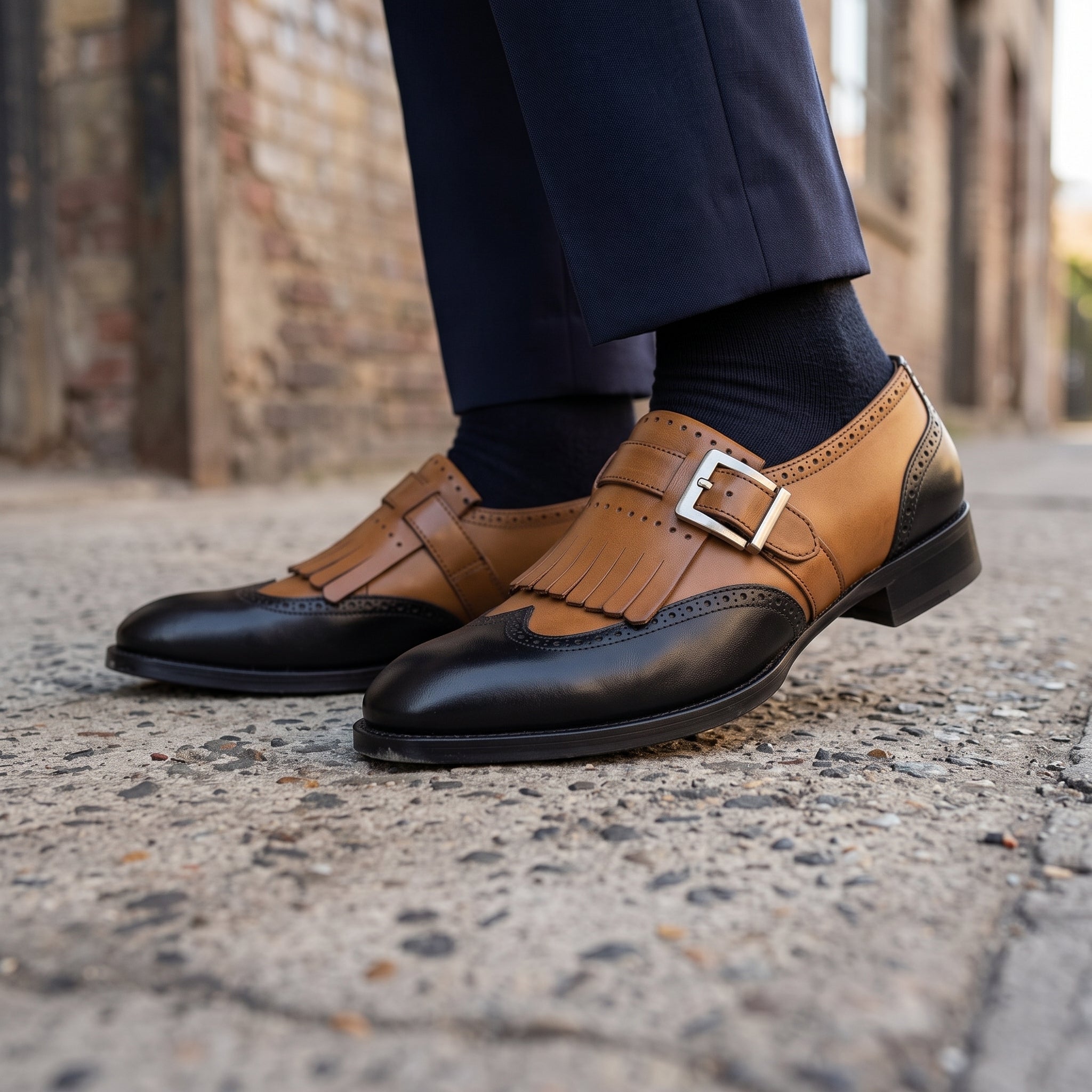 Men's Tan and Black Cap-Toe Leather Monk Strap Shoes — Slater