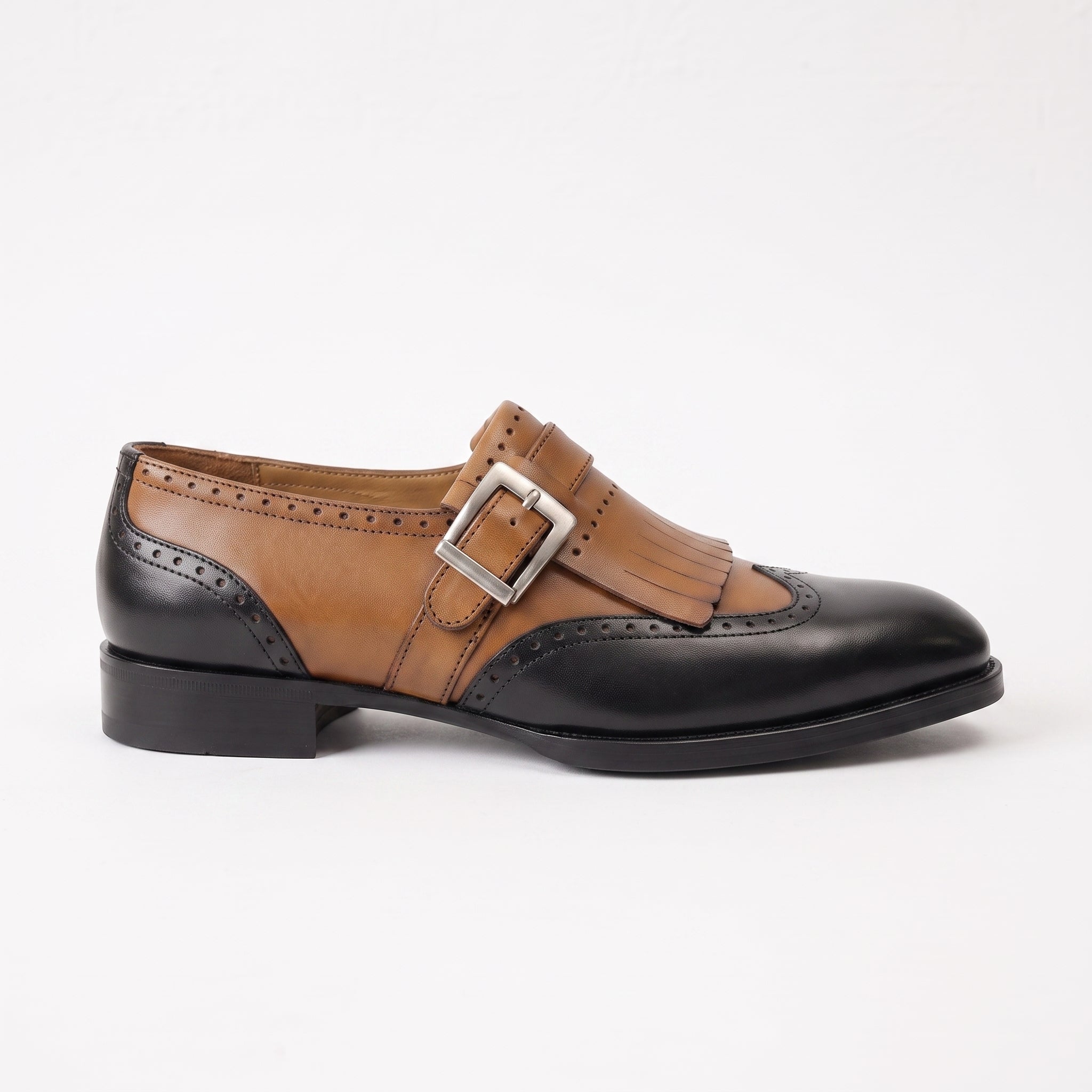 Men's Tan and Black Cap-Toe Leather Monk Strap Shoes — Slater