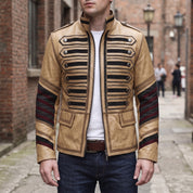 Men's Tan and Black Leather Military Jacket — Abberdon