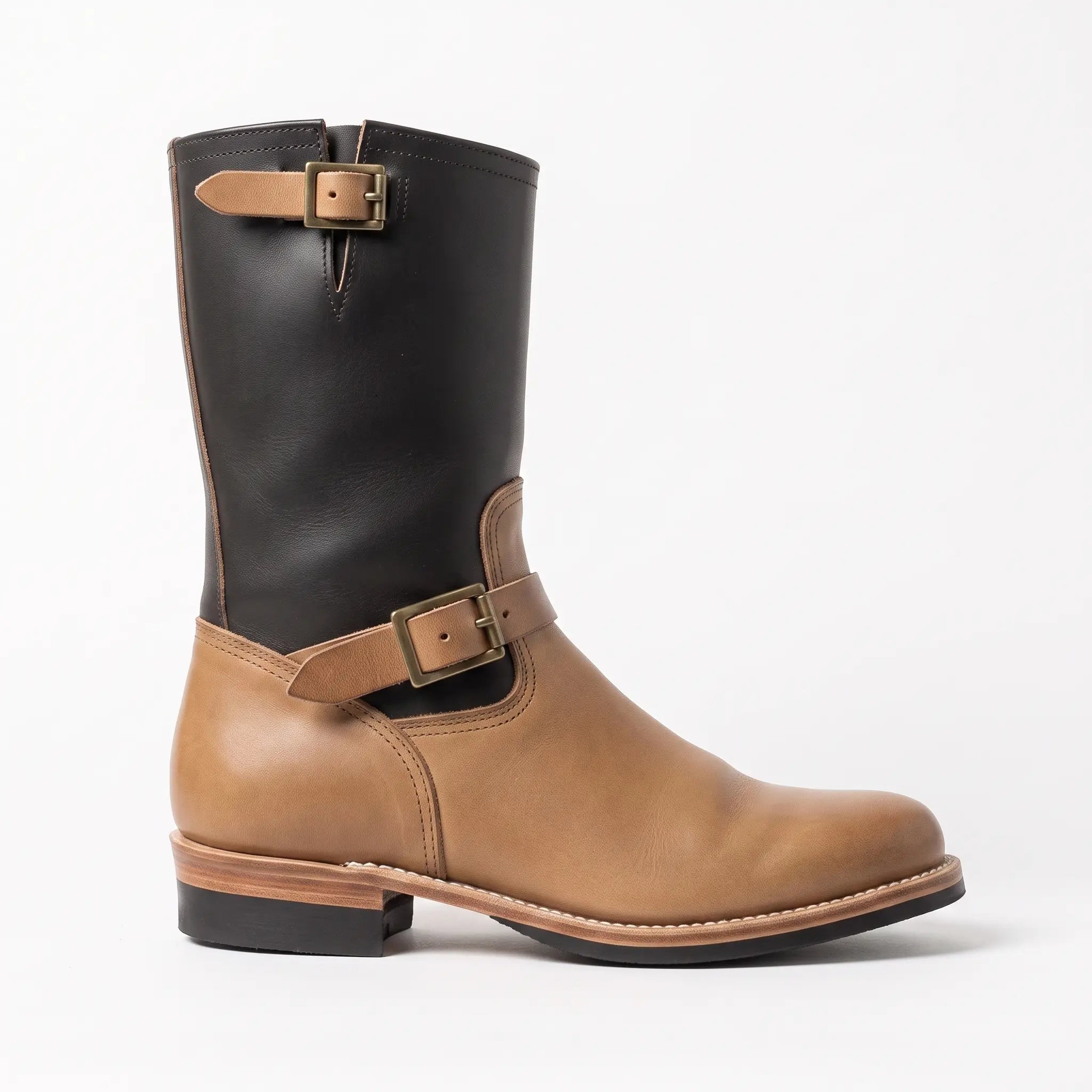 Men's Tan and Brown Plain-Toe Leather Biker Boots — Bembridge