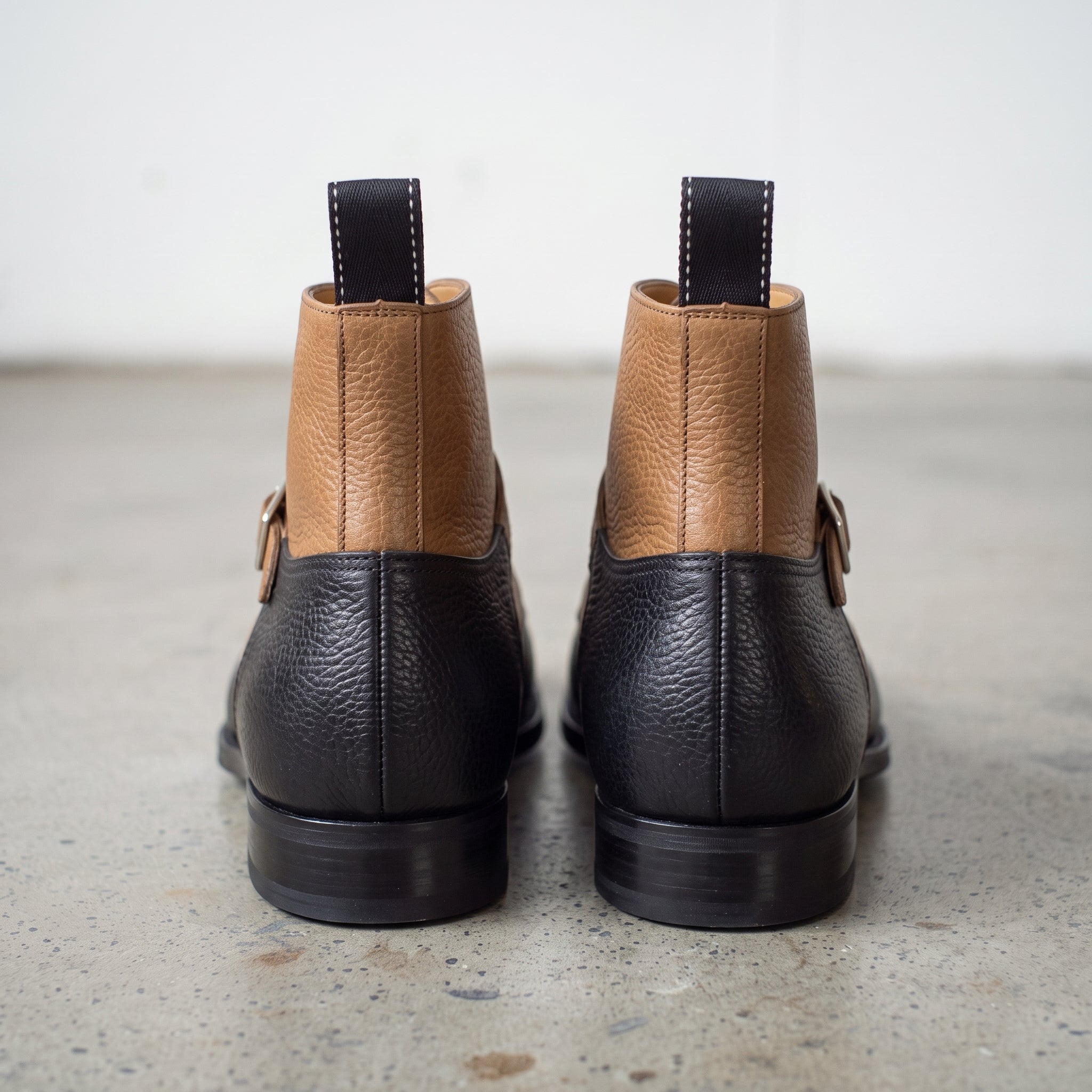 Men's Tan and Black Two-Tone Pebbled Leather Plain-Toe Lace-Up Ankle Boots — Alston