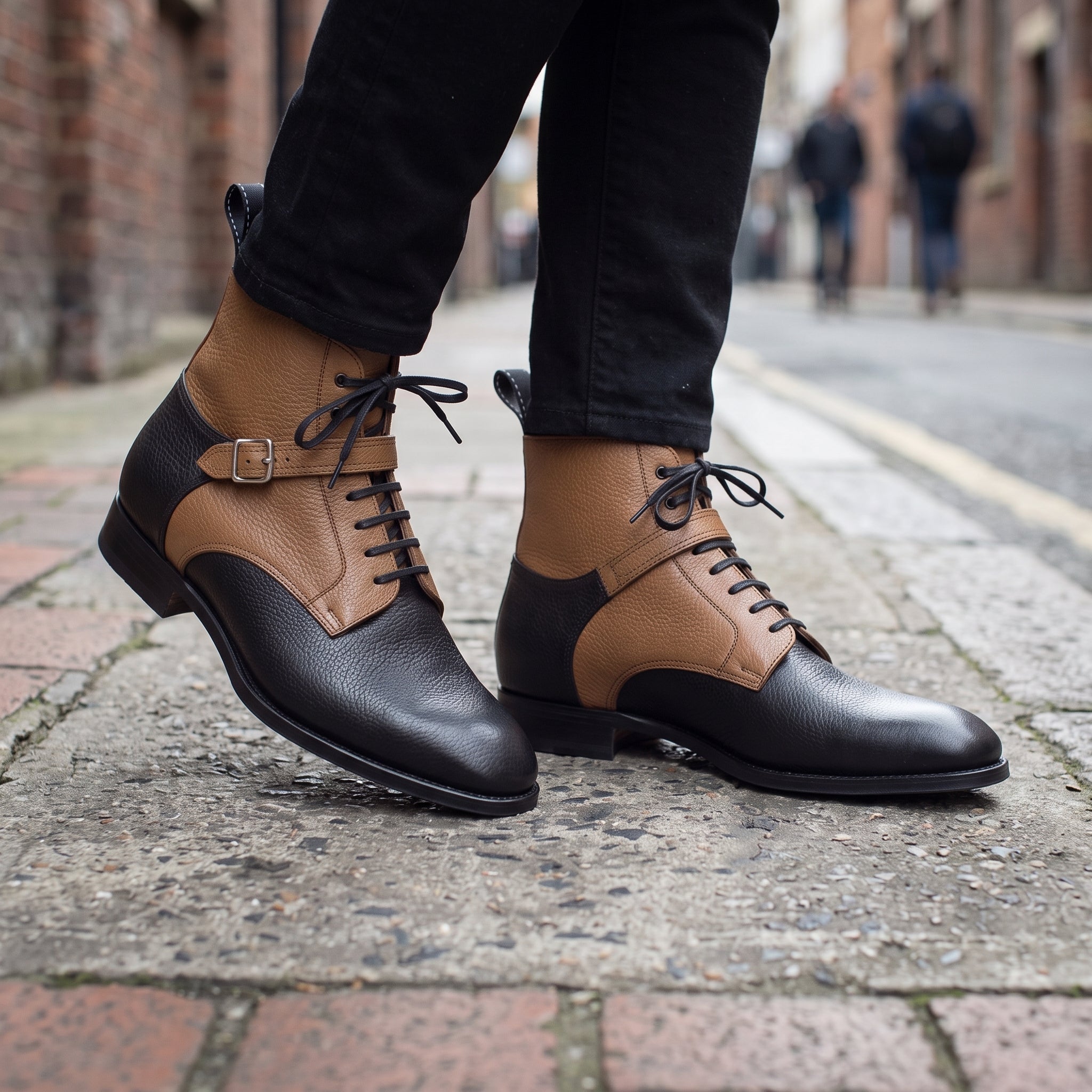 Men's Tan and Black Two-Tone Pebbled Leather Plain-Toe Lace-Up Ankle Boots — Alston