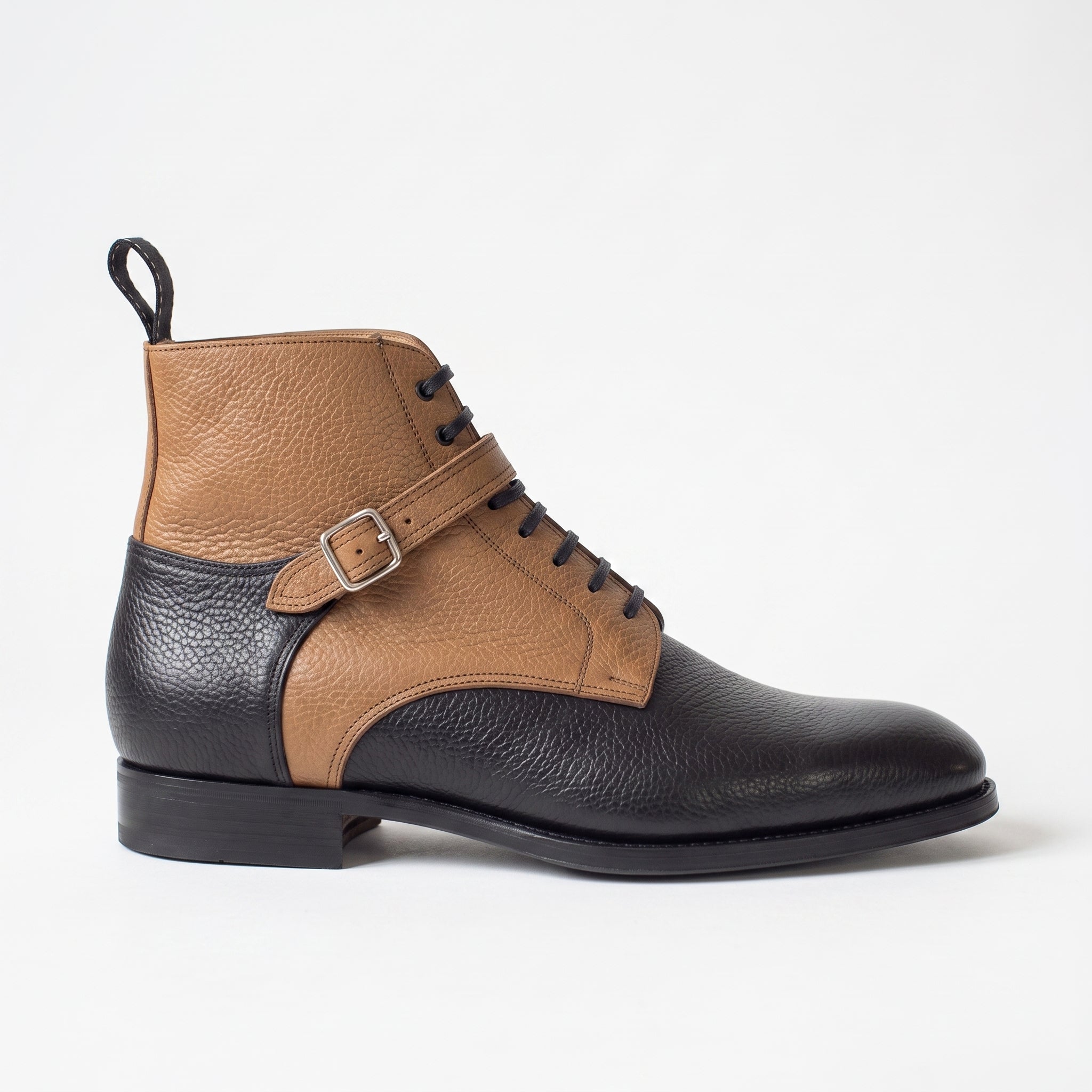 Men's Tan and Black Two-Tone Pebbled Leather Plain-Toe Lace-Up Ankle Boots — Alston