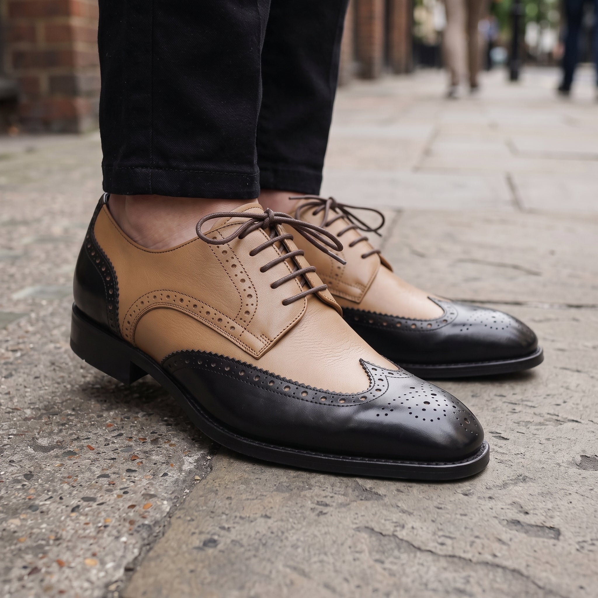 Men's Tan and Black Wingtip Leather Brogue Derbys — Castley
