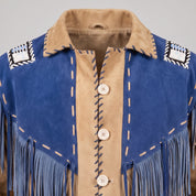 Men's Tan and Blue Fringed Suede Western Jacket — Eastham