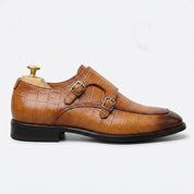 Men's Tan and Brown Alligator-Embossed Leather Double Monk Strap Shoes — Basildon