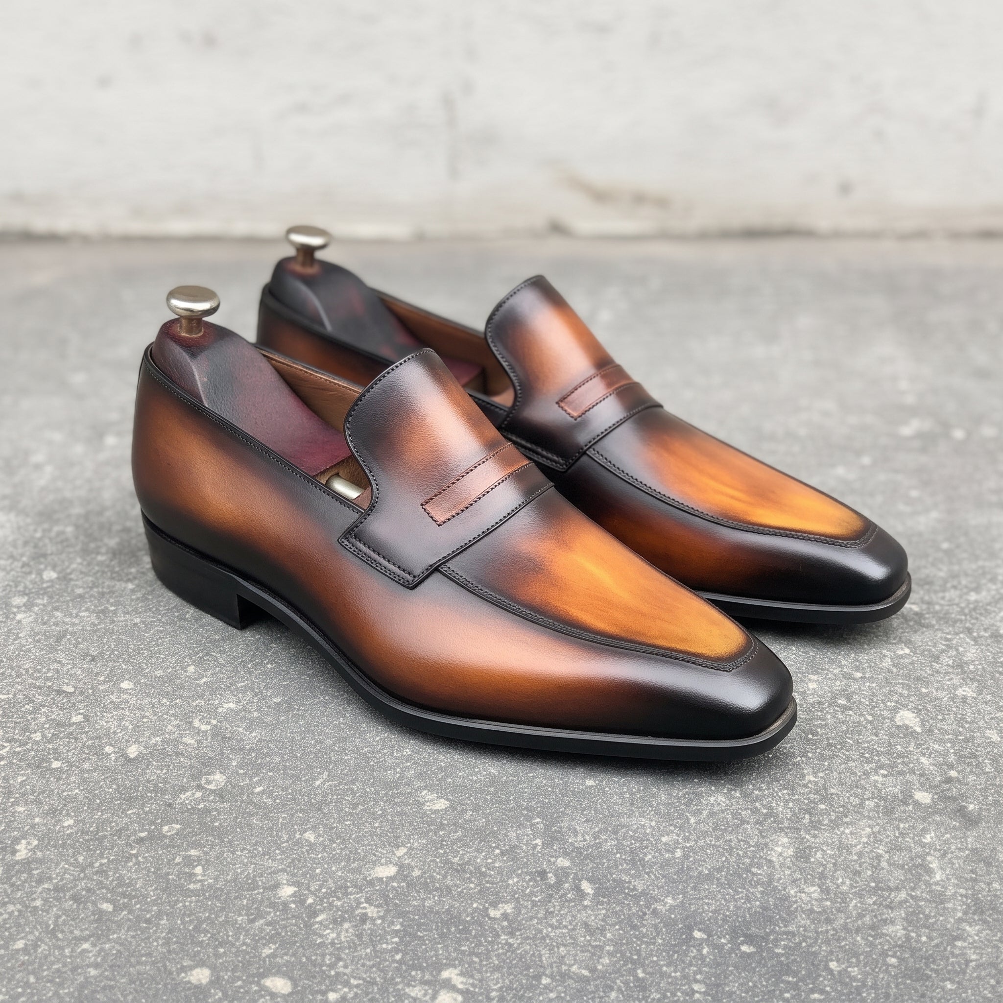 Men's Tan and Brown Apron-Toe Leather Penny Loafers — Curtis