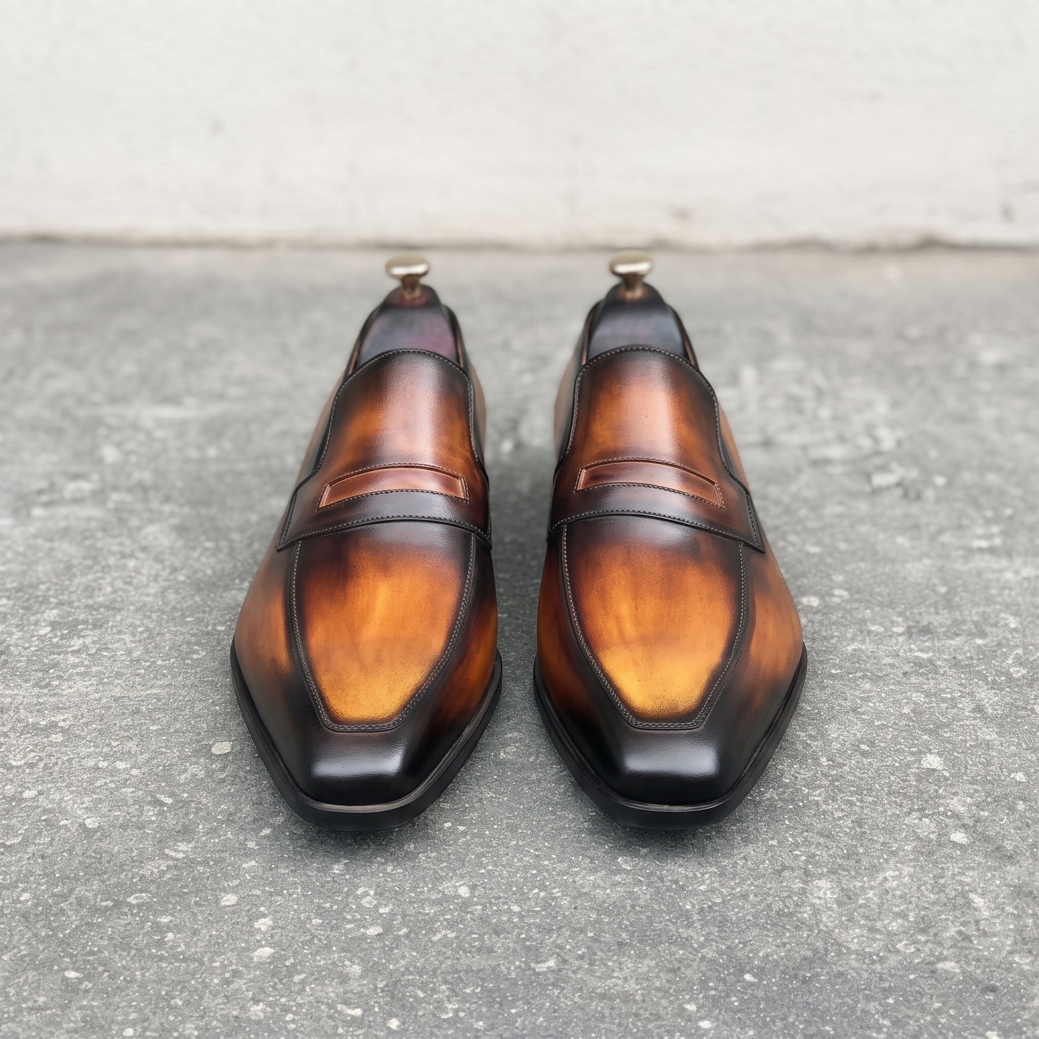 Men's Tan and Brown Apron-Toe Leather Penny Loafers — Curtis