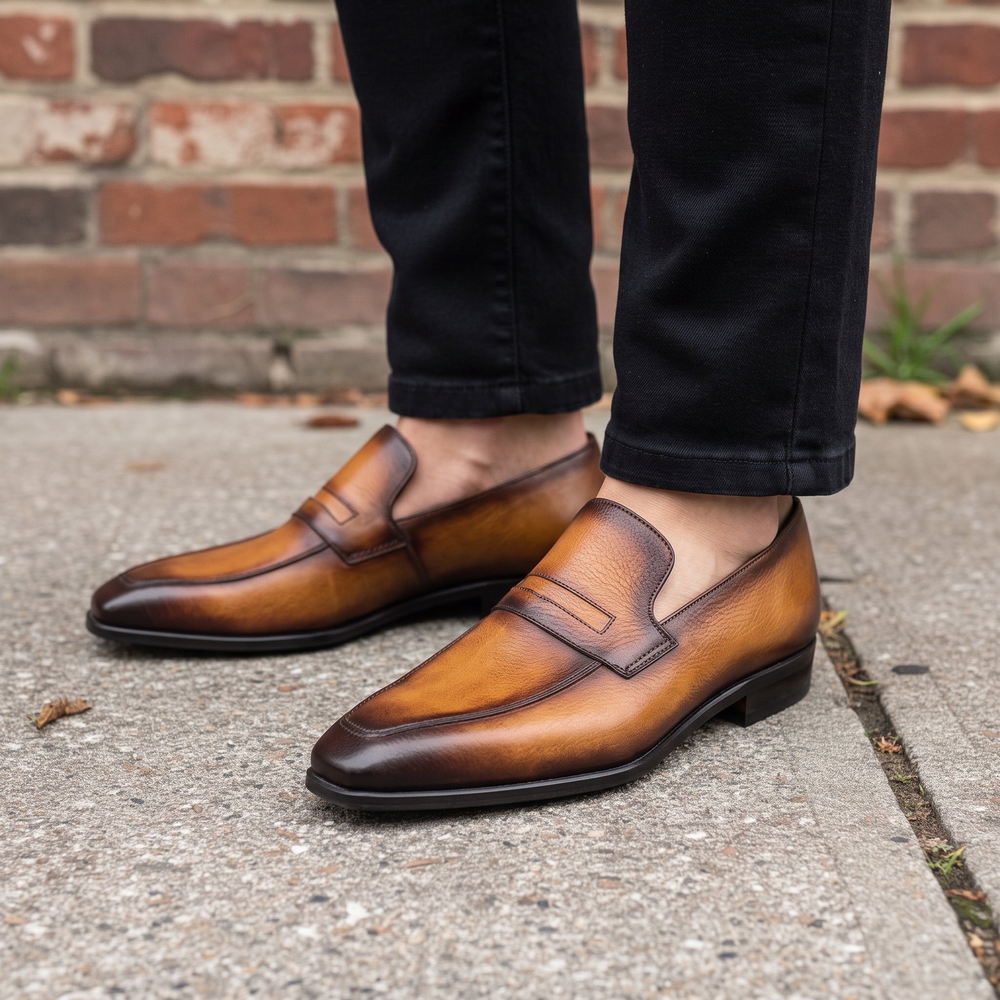 Men's Tan and Brown Apron-Toe Leather Penny Loafers — Curtis