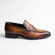 Men's Tan and Brown Apron-Toe Leather Penny Loafers — Curtis
