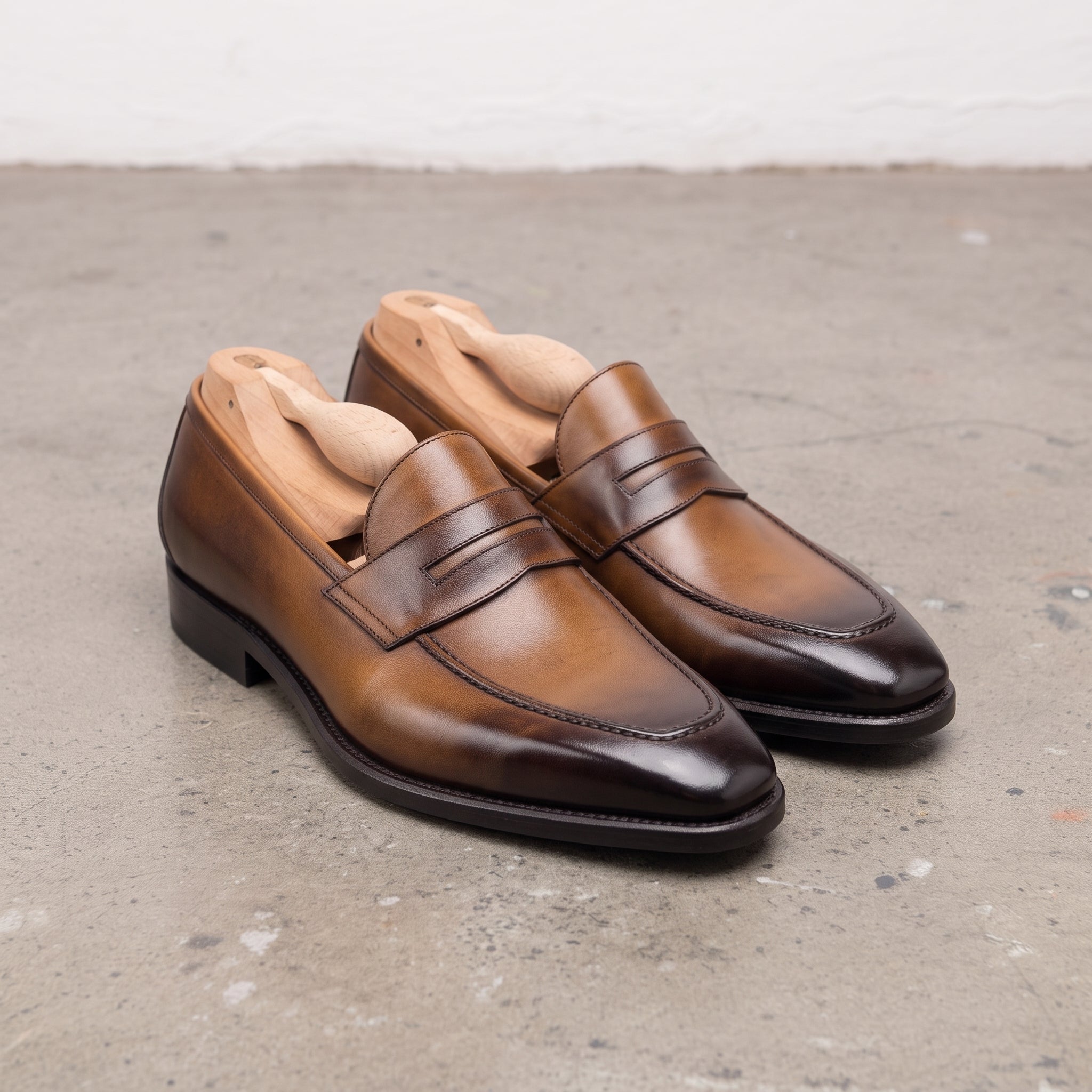 Men's Tan and Brown Apron-Toe Leather Penny Loafers — Phillipson