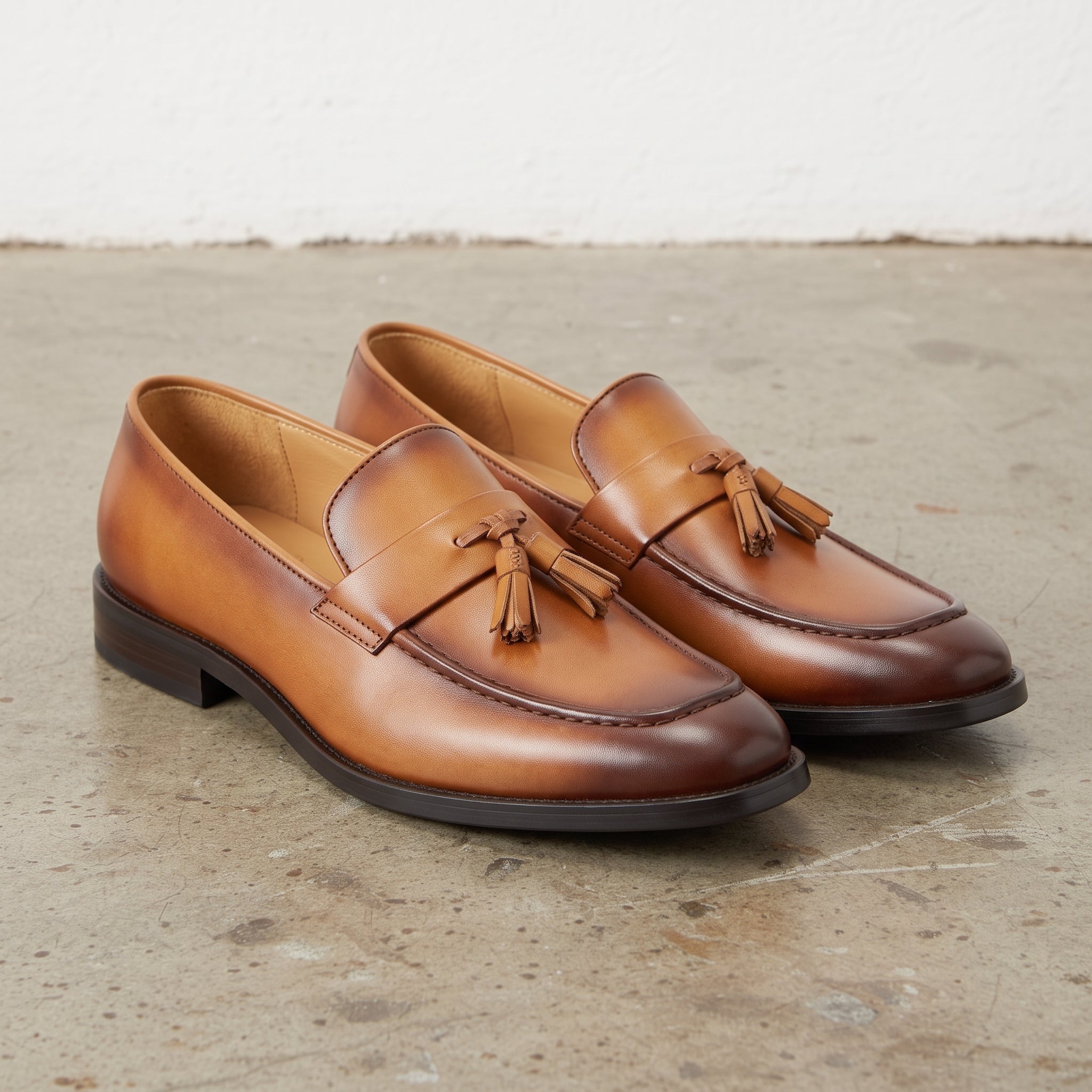 Men's Tan and Brown Apron-Toe Leather Tassel Loafers — Canning