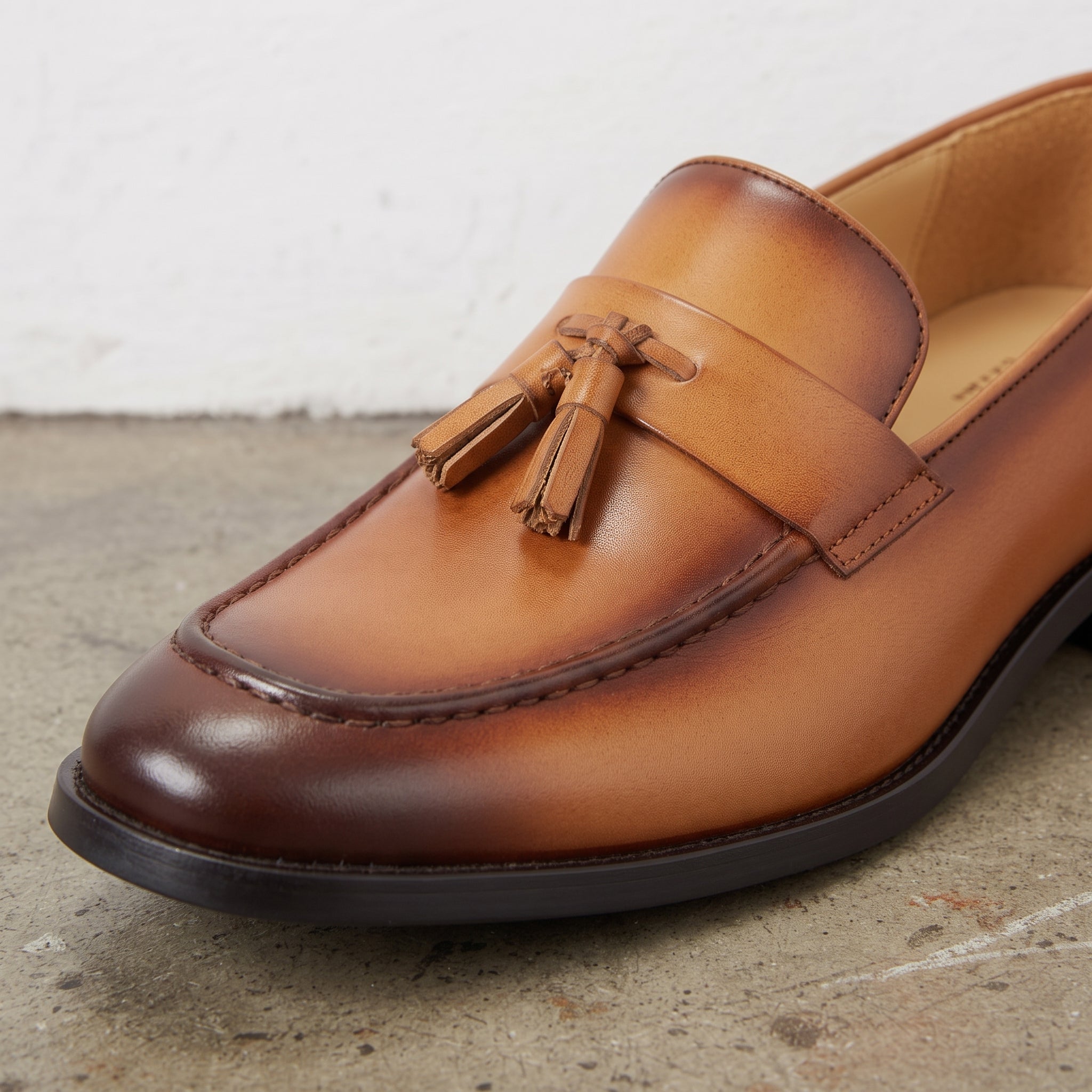 Men's Tan and Brown Apron-Toe Leather Tassel Loafers — Canning