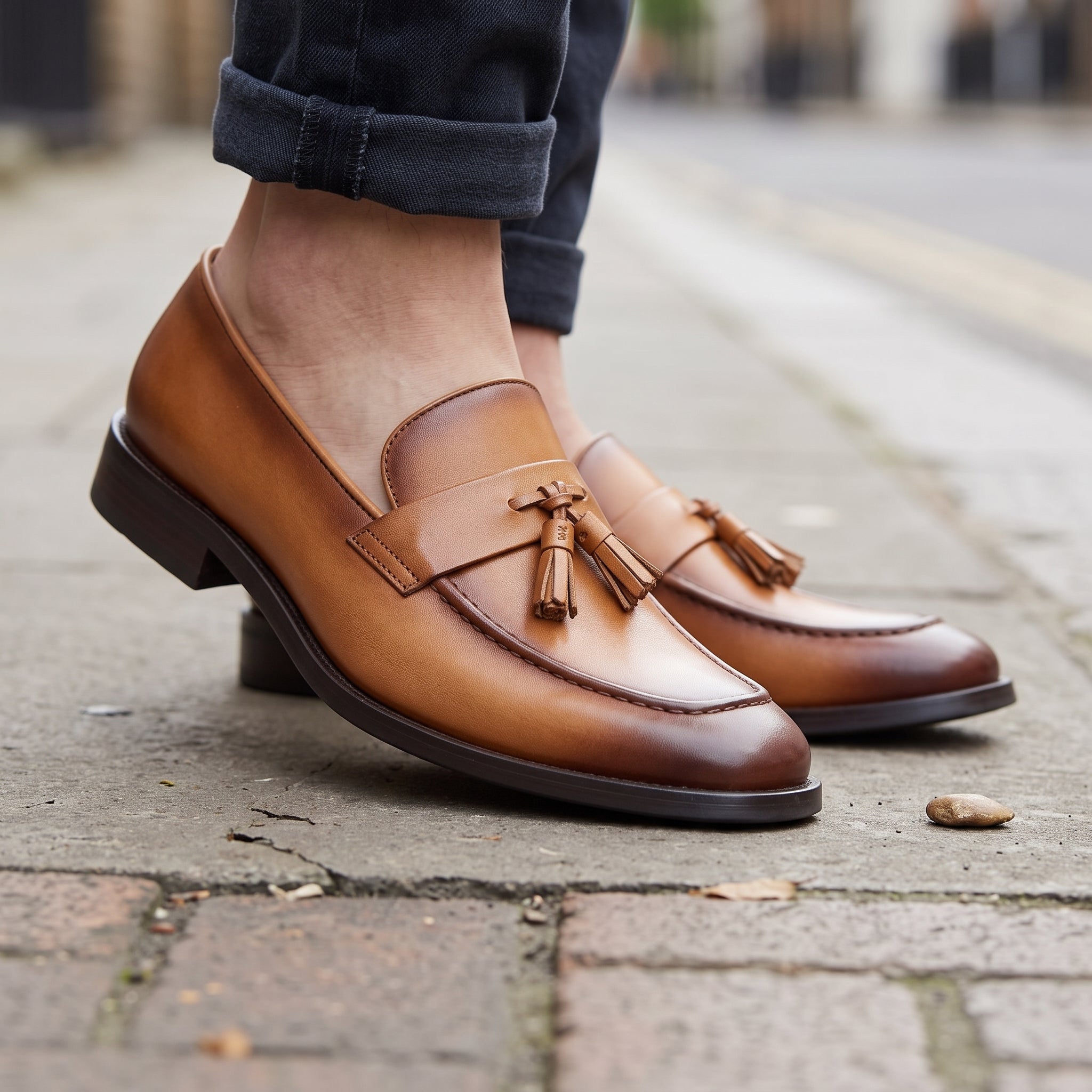 Men's Tan and Brown Apron-Toe Leather Tassel Loafers — Canning