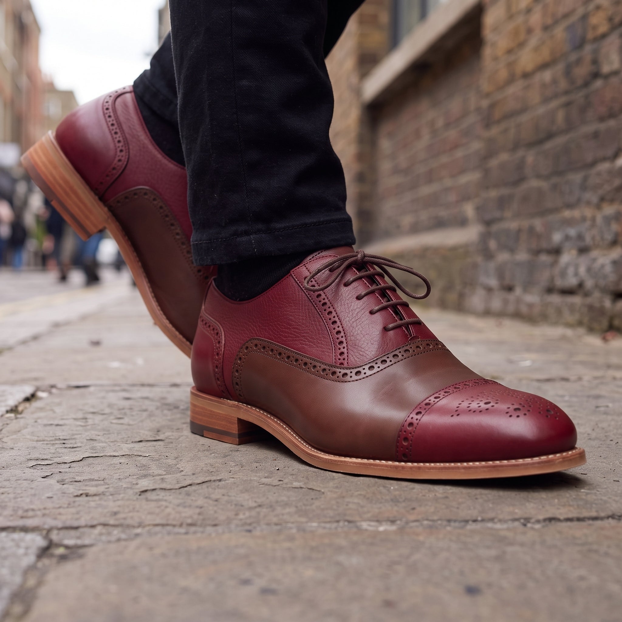 Men's Burgundy and Brown Cap-Toe Leather Spectator Oxfords — Lyneham