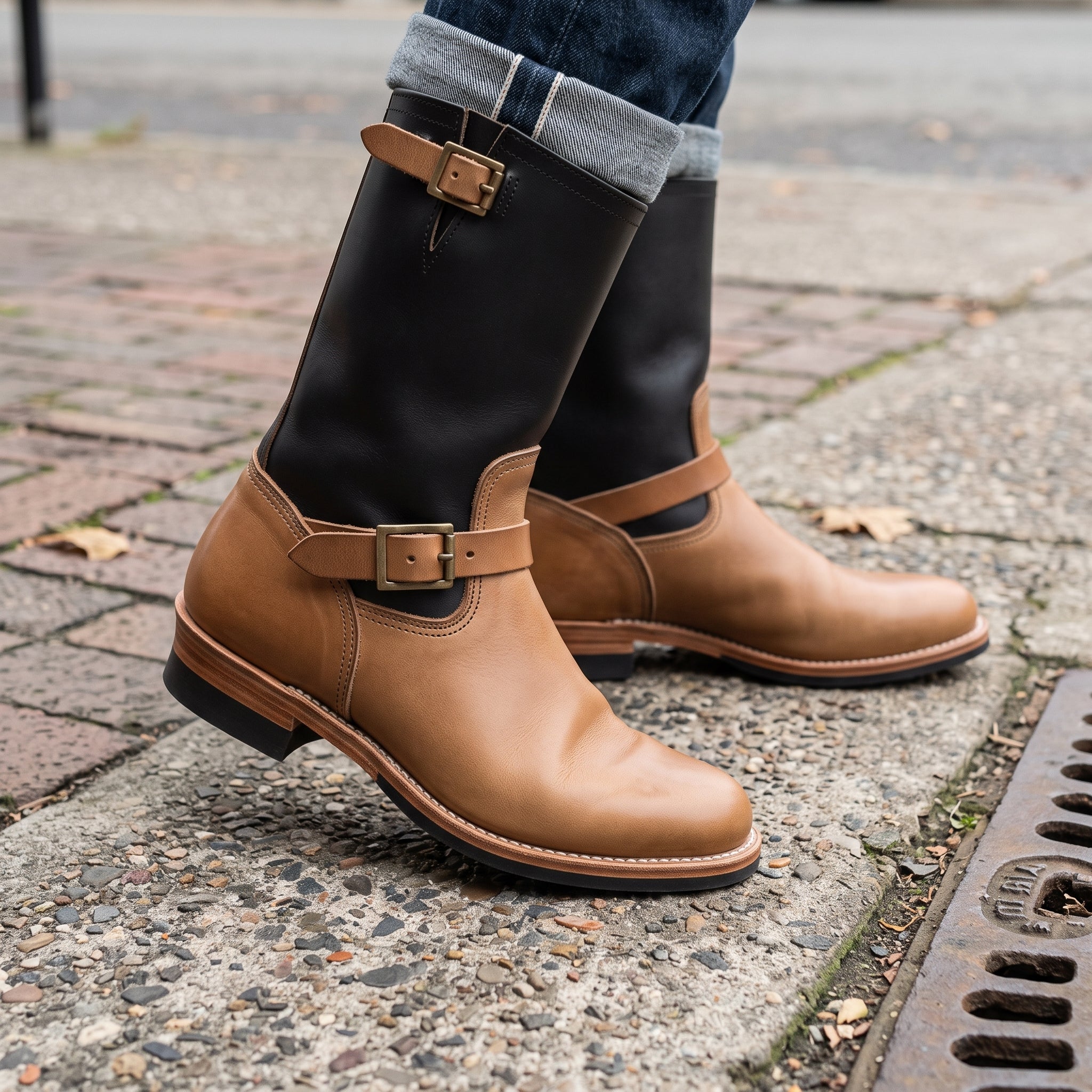 Men's Tan and Brown Plain-Toe Leather Biker Boots — Bembridge