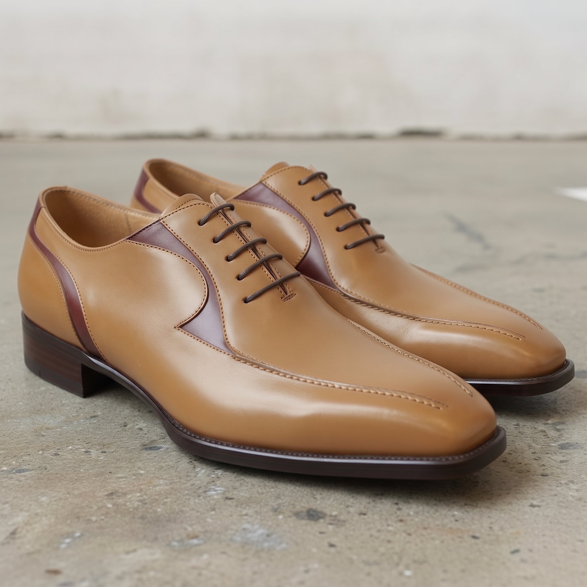 Men's Tan and Burgundy Apron-Toe Leather Oxfords — Pinkerton