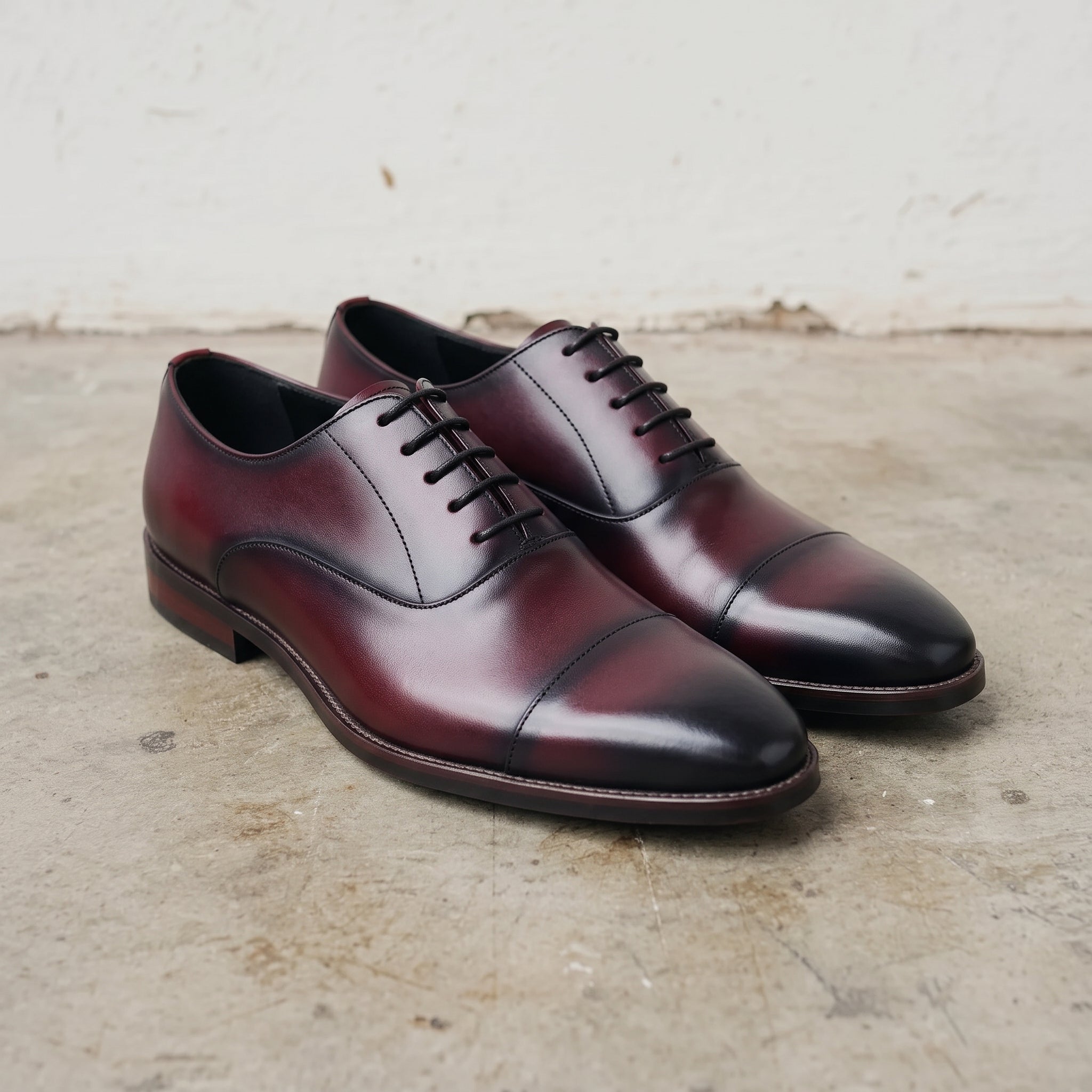 Men's Burgundy and Black Cap-Toe Leather Oxfords — Heswall