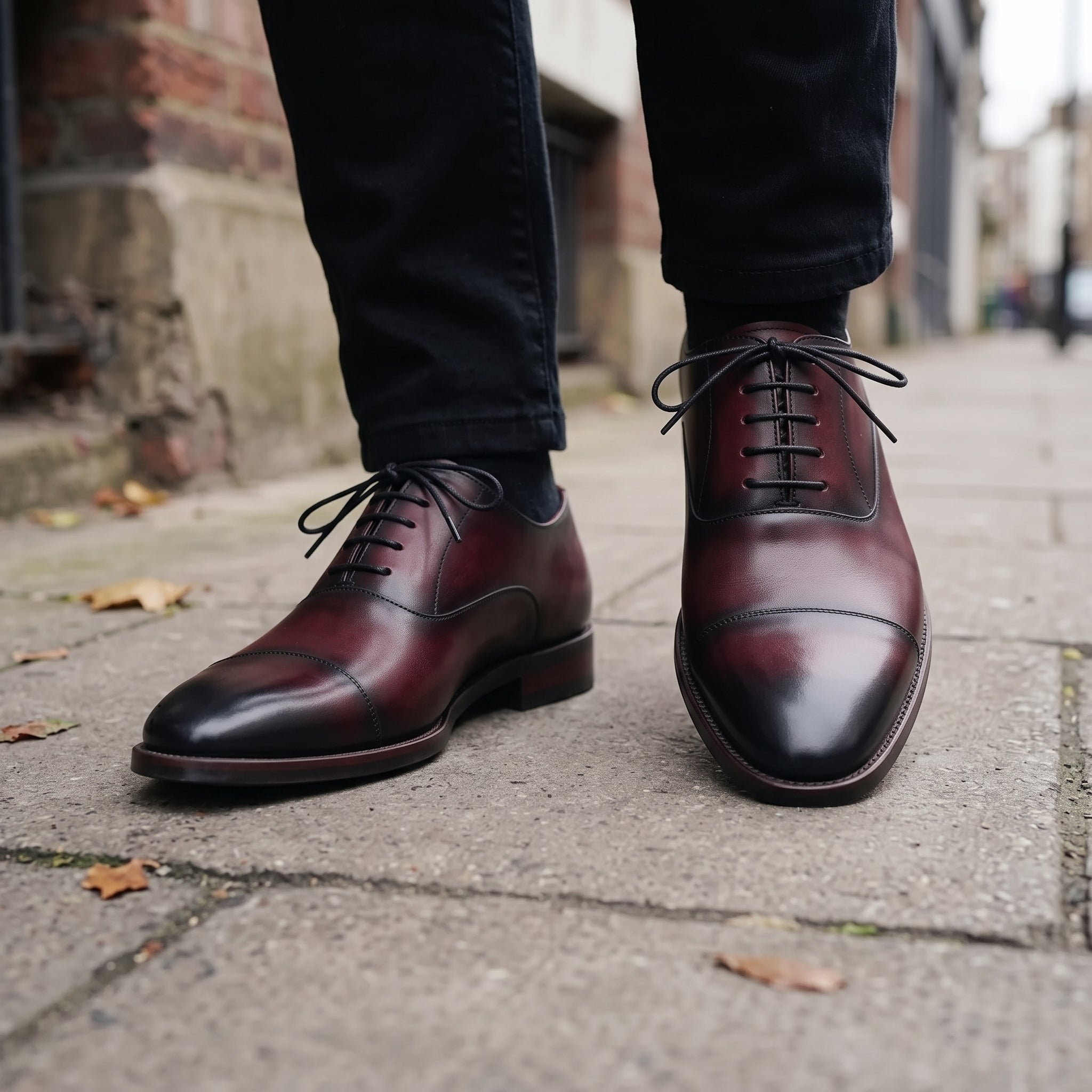 Men's Burgundy and Black Cap-Toe Leather Oxfords — Heswall