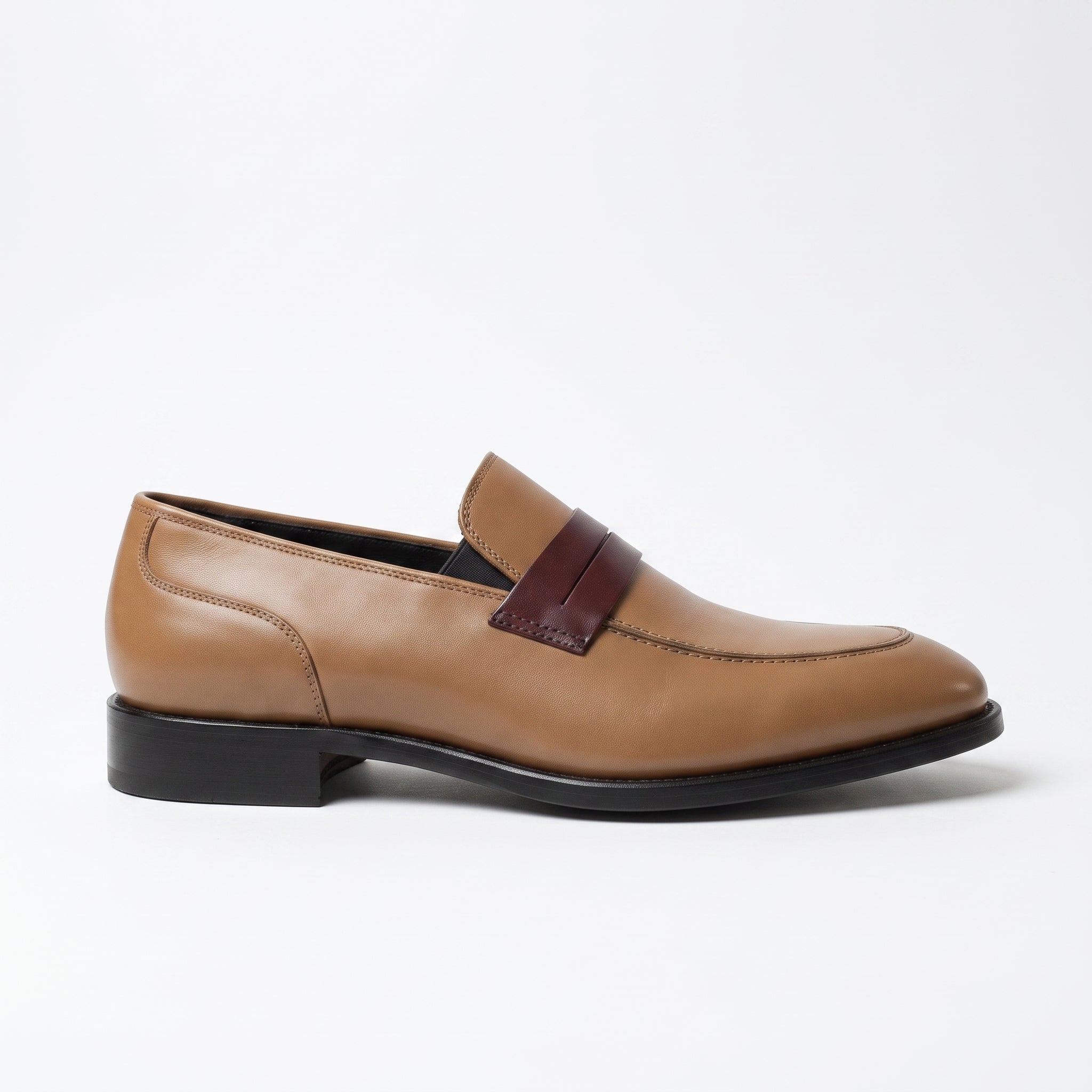Men's Tan and Burgundy Two-Tone Leather Penny Loafers — Dunsworth