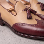 Men's Tan and Burgundy Wingtip Leather Tassel Loafers — Badlesmere