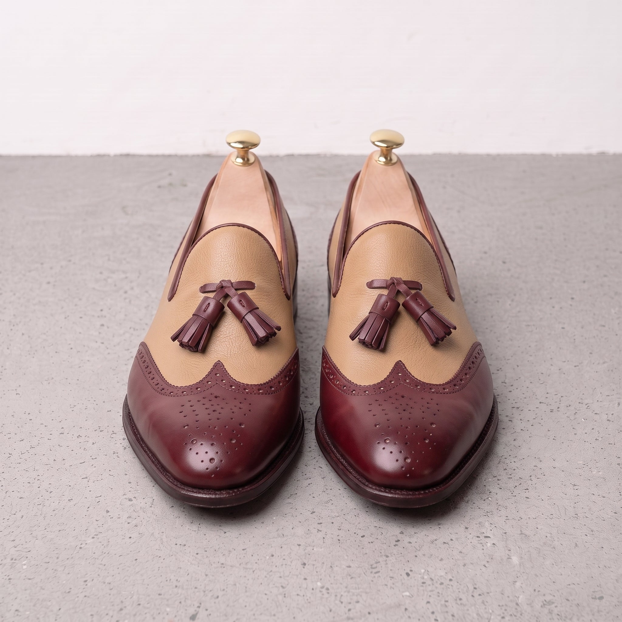 Men's Tan and Burgundy Wingtip Leather Tassel Loafers — Badlesmere