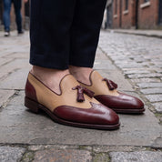 Men's Tan and Burgundy Wingtip Leather Tassel Loafers — Badlesmere