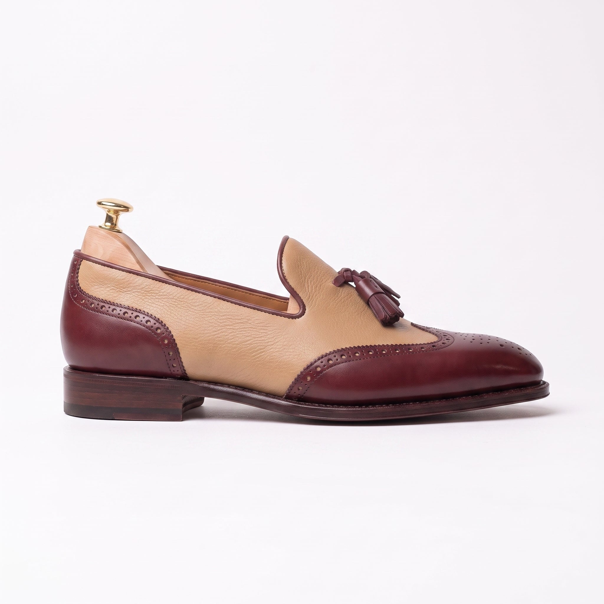 Men's Tan and Burgundy Wingtip Leather Tassel Loafers — Badlesmere