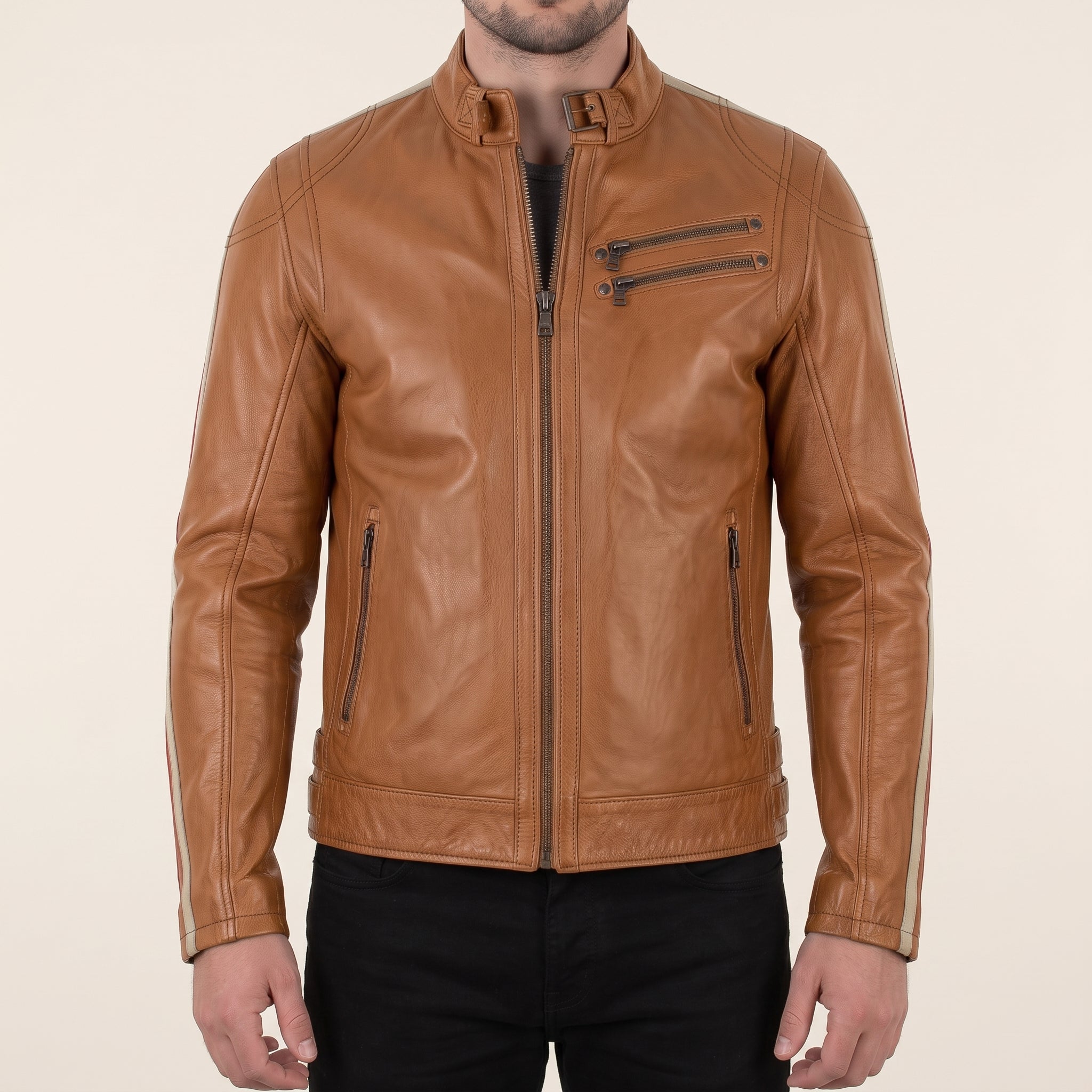 Men's Tan and Cream Leather Biker Jacket — Blakemore