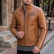 Men's Tan and Cream Leather Biker Jacket — Blakemore
