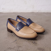Men's Tan and Dark Blue Apron-Toe Leather Penny Loafers — Stapleton