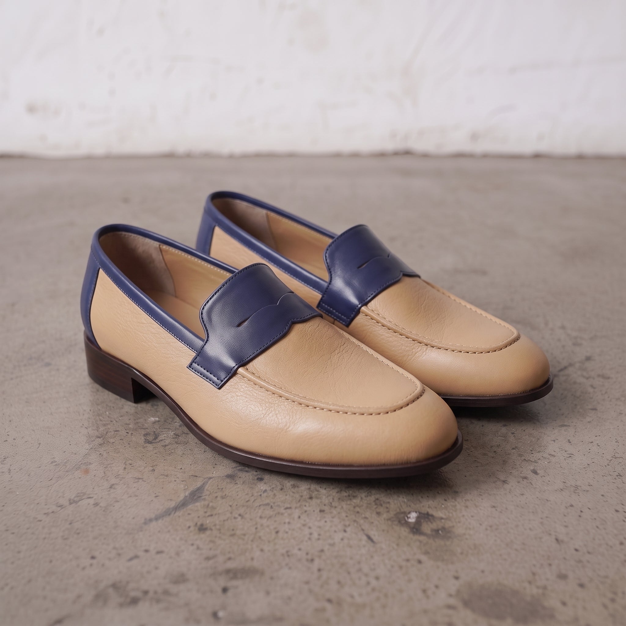 Men's Tan and Dark Blue Apron-Toe Leather Penny Loafers — Stapleton