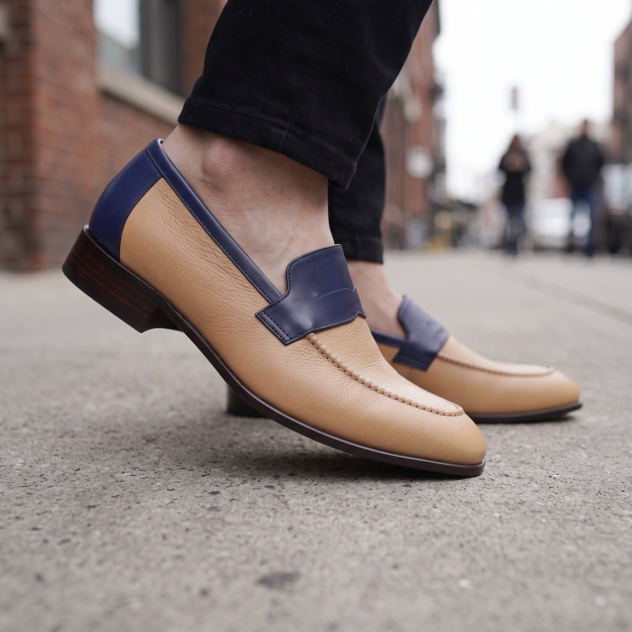 Men's Tan and Dark Blue Apron-Toe Leather Penny Loafers — Stapleton