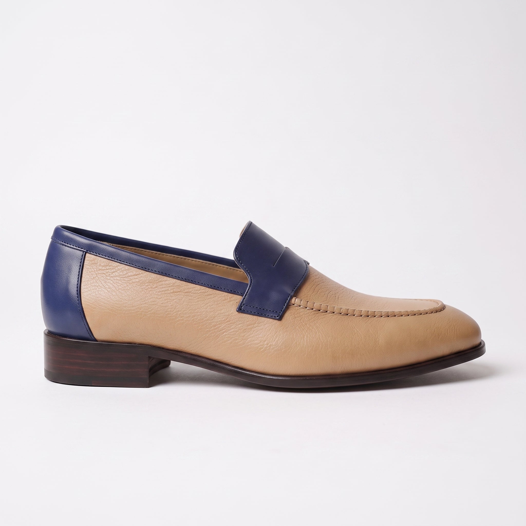 Men's Tan and Dark Blue Apron-Toe Leather Penny Loafers — Stapleton