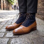 Men's Tan and Dark Blue Cap-Toe Leather and Suede Balmoral Boots — Smedley