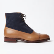 Men's Tan and Dark Blue Cap-Toe Leather and Suede Balmoral Boots — Smedley