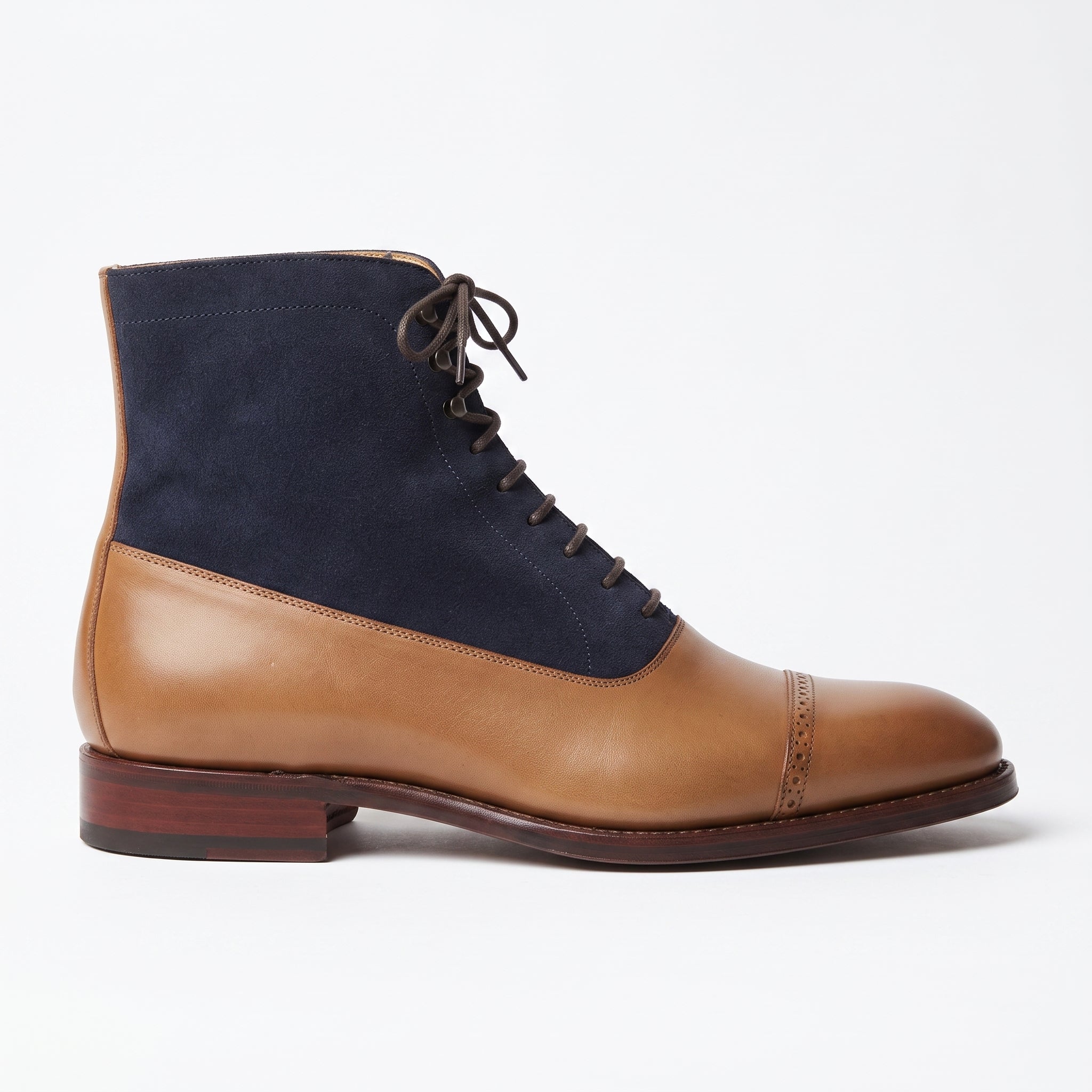 Men's Tan and Dark Blue Cap-Toe Leather and Suede Balmoral Boots — Smedley