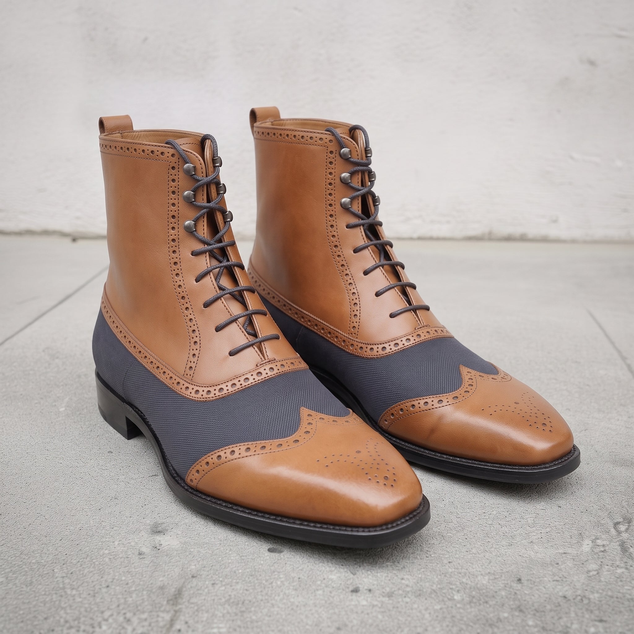 Men's Tan and Dark Blue Cap-Toe Leather Ankle Boots — Streatham