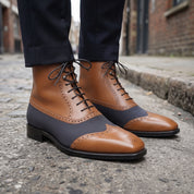 Men's Tan and Dark Blue Cap-Toe Leather Ankle Boots — Streatham